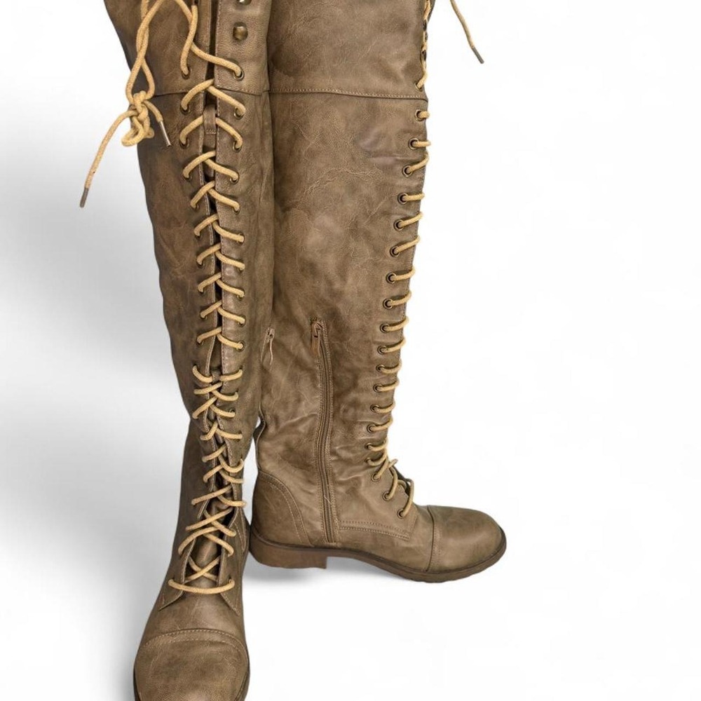 Nature Breeze Taupe Brown Lace Up Over The Knee Combat Boots Size 8